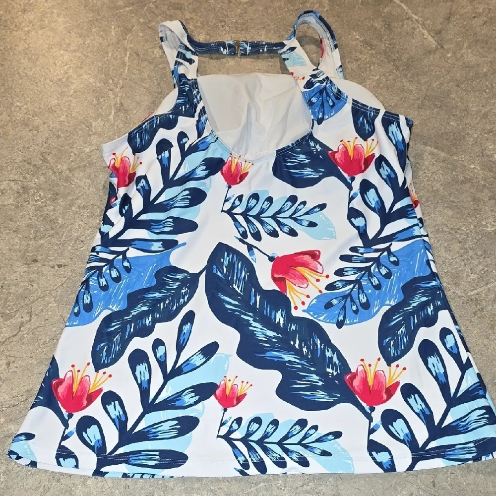 (J47)  Blue and White Floral Top Only Swimwear - Picture 3 of 5
